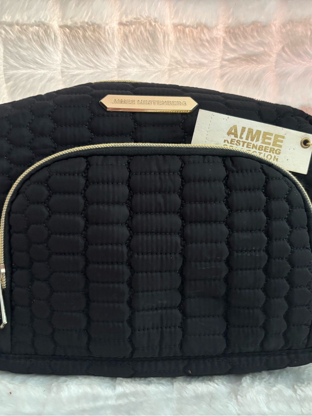 Aimee Kestenberg Black Quilted Cosmetic Case with Gold Trim